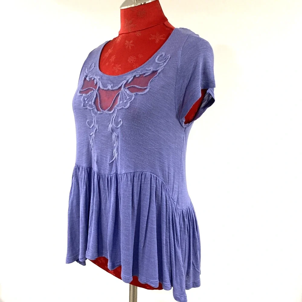 Free People baby doll peplum top blue slub knit lace embroidery details Boho XS